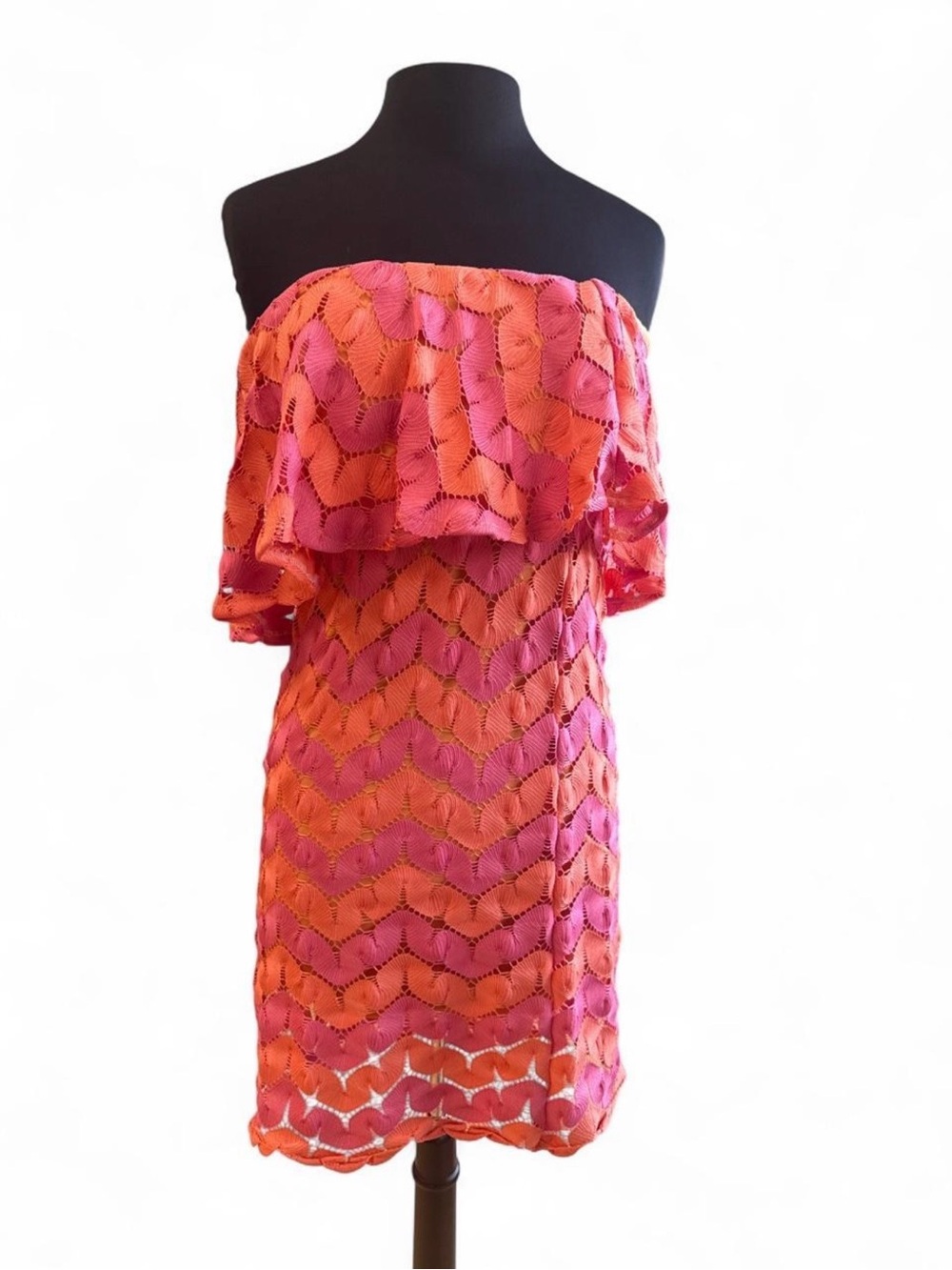Judith March Strapless Pink and Orange Lace Ruffle Dress